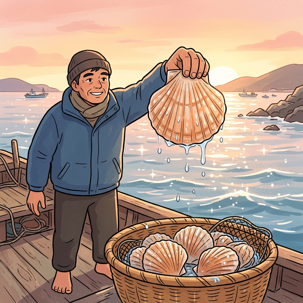 어부는 "셸 업!(Shell, up!)"이라고 외치며 커다란 가리비(scallop)를 바다에서 들어 올렸다. ("Shell, up!" → 조개껍데기(shell)를 들어 올린다(up).)