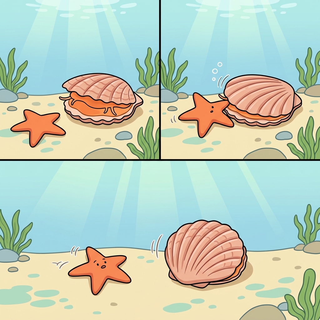 가리비(scallop)는 위험을 느끼자 껍데기를 재빨리 닫았다.