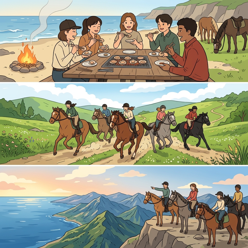 맛있는 가리비(scallop)를 먹은 뒤, 기수들은 말을 몰아(gallop) 산 정상(mountaintop)을 향해 달려갔다.