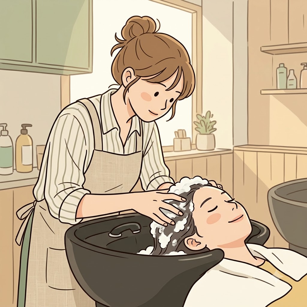 미용사는 머리를 감기 전에 그녀의 두피(scalp)를 부드럽게 마사지했다.