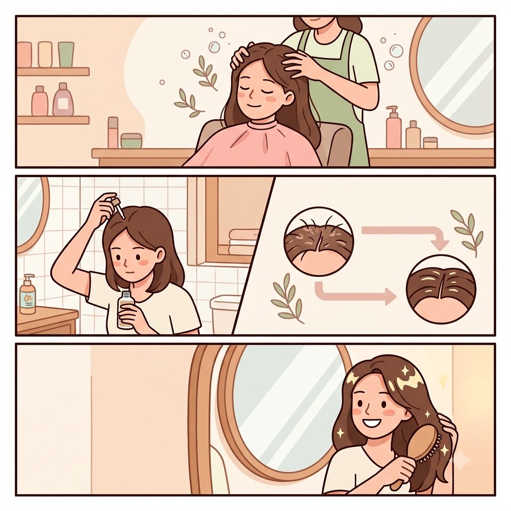 좋은 두피(scalp) 관리는 머리카락을 건강하게(healthy) 유지하는 데 도움(help)이 된다.