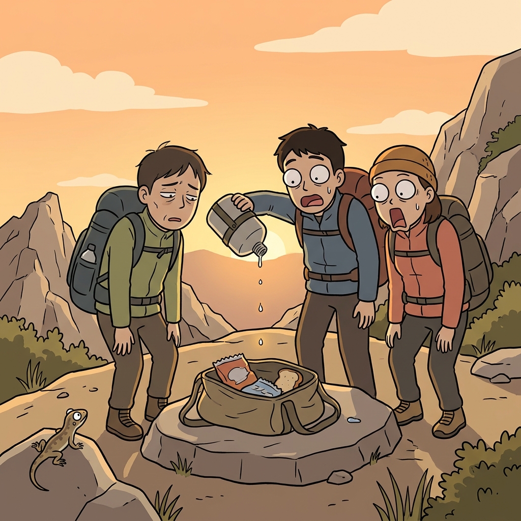 The hikers stared at their scant water supply with growing worry.