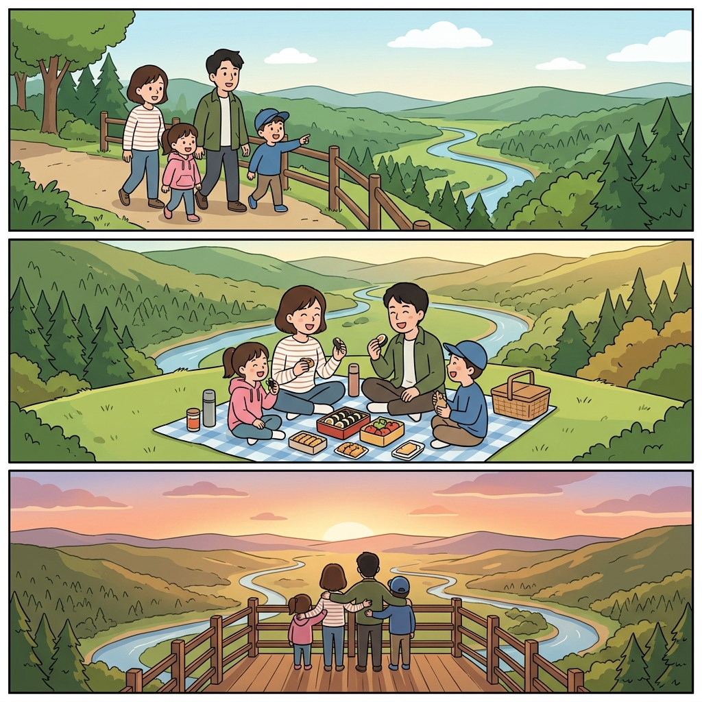 아름다운 경치 속 소풍에서는 계곡이 한눈에 내려다보였다.