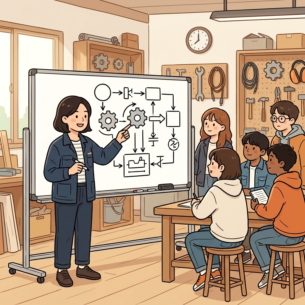 The engineer explained the machine using a schematic diagram.