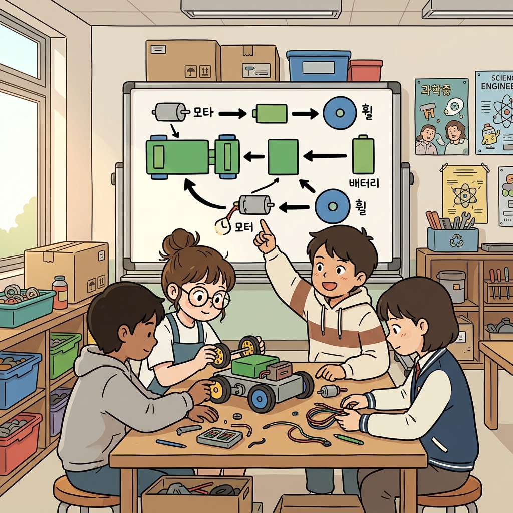 학생들은 도식도를 보며 로봇을 조립했다. ("스케치 맵!" → 스케치처럼 그린 구조도)