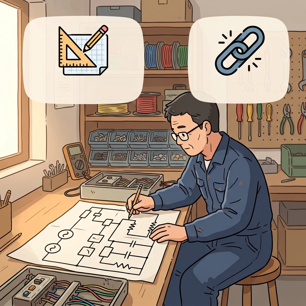 The electrician studied the schematic before repairing the circuit. (📐 Simple Diagram + 🔗 Connections → Schematic)