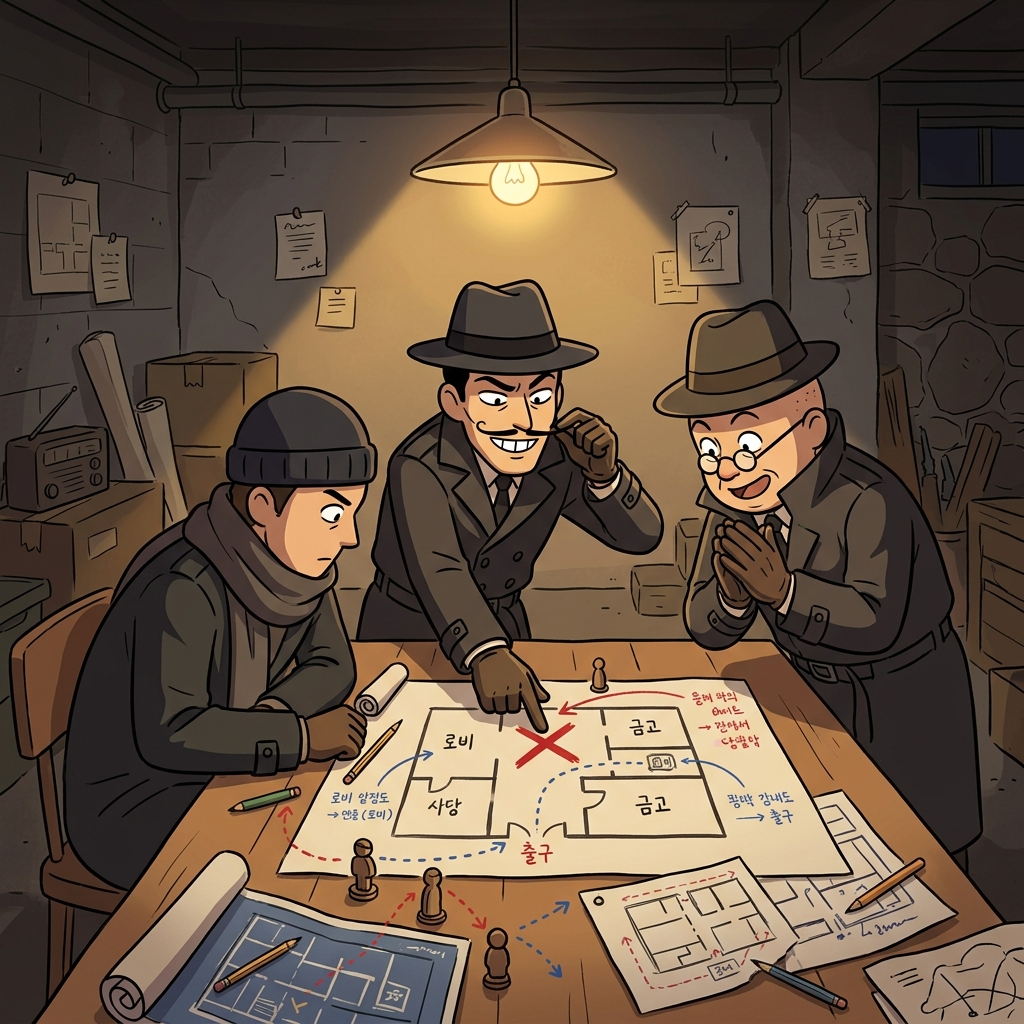 The villains gathered around a blueprint, plotting a scheme to rob the bank.