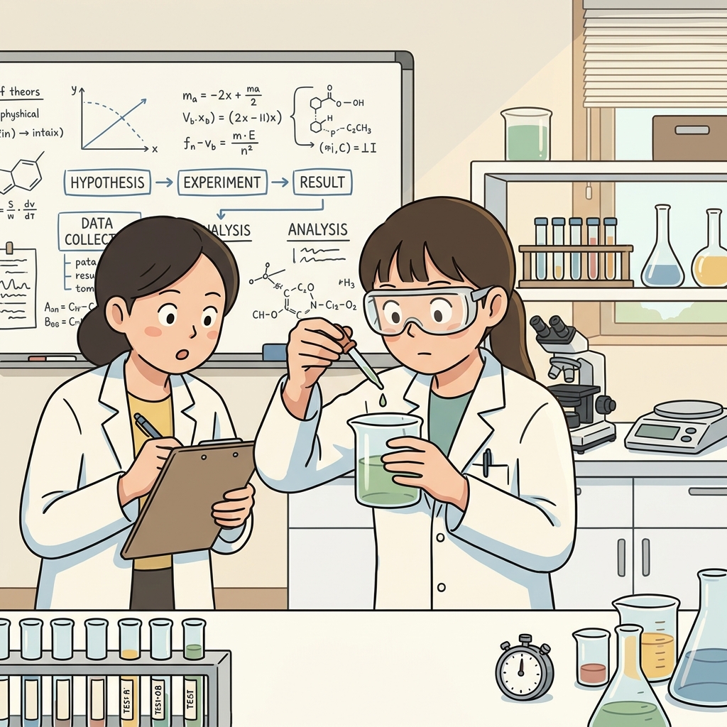 The lab team follows a scientific method — hypothesis, experiment, and careful data.
