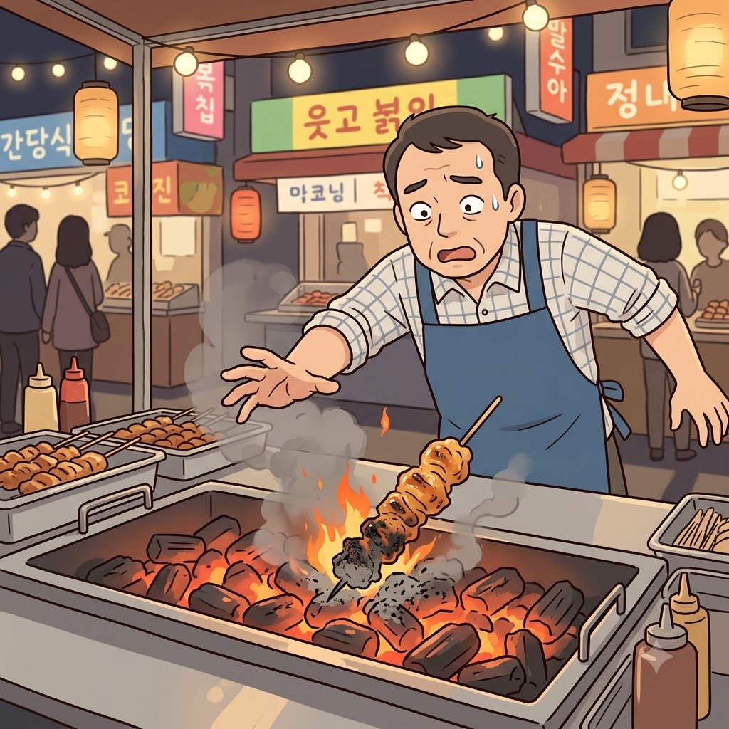 "숯(s) 꼬치(corch)가 다 탔잖아!" 숯불에 고기를 떨어뜨리면 순식간에 까맣게 그슬리게(scorch) 된다.