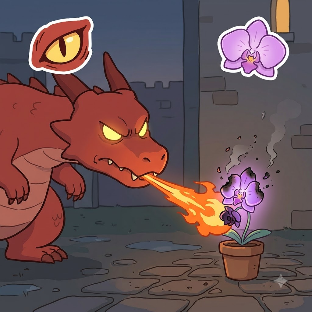 SCARY(무서운) + ORCHID(난초) — 무서운(SCARY) 드래곤이 불을 뿜어 연약한 난초(ORCHID)를 까맣게 그슬렸다(scorch).