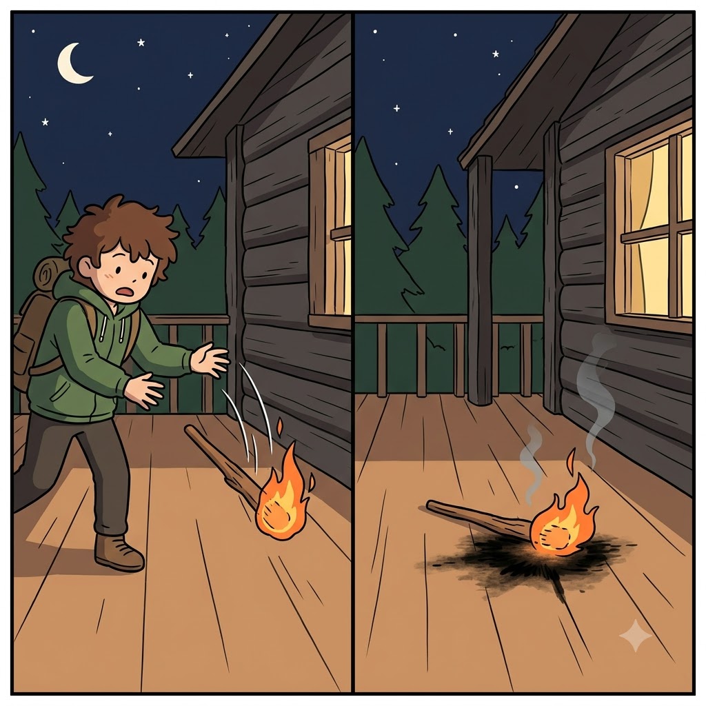 불타는 횃불(torch)을 나무 현관(porch)에 떨어뜨리면 순식간에 바닥을 그슬리기(scorch) 시작할 것이다.