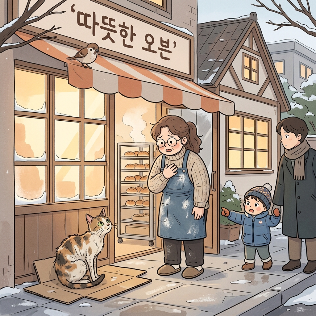 삐쩍 마른 길고양이가 빵집 처마 밑에서 웅크리고 있었다.