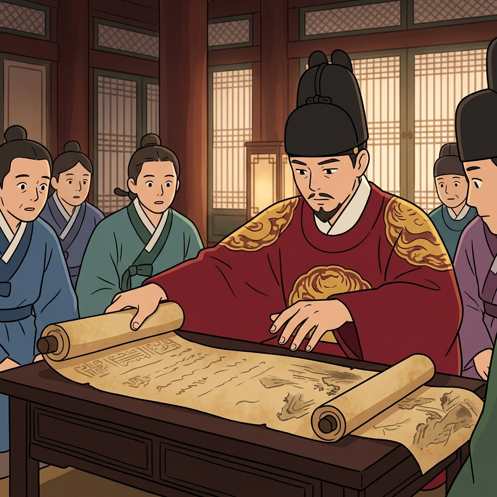 왕은 고대 두루마리를 조심스럽게 펼쳐 읽기 시작했다. (스크-롤 → 스르르 Roll! → 종이를 돌돌 말고 펼치는 두루마리)