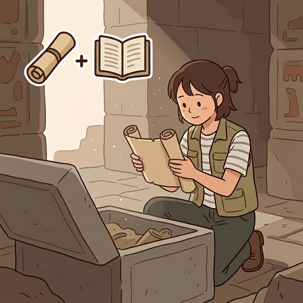 The archaeologist discovered an ancient scroll inside the temple. (📜 Roll + 📖 Document → Scroll)