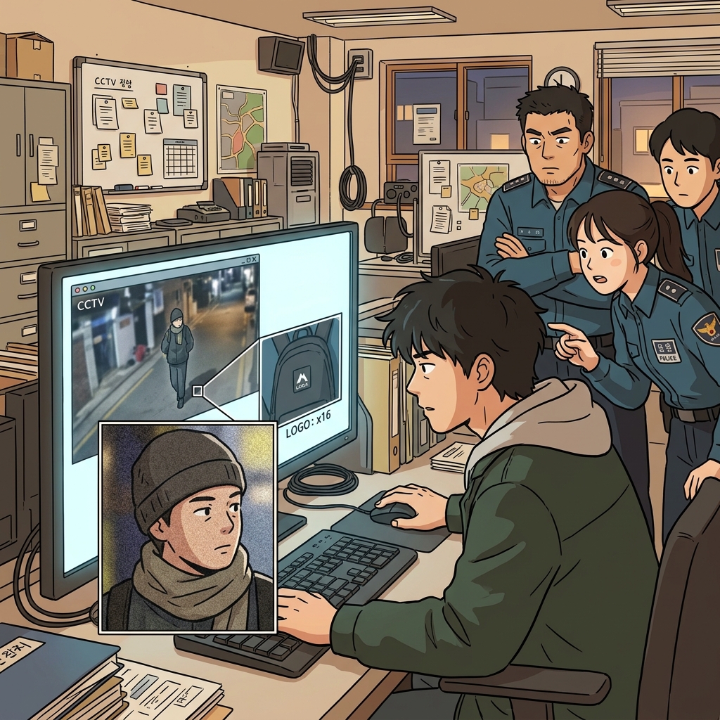 형사는 화면 속 모든 단서를 면밀히 조사했다. ("스크린(Screen)으로 유심히!" → 화면을 확대하며 꼼꼼히 조사하다)