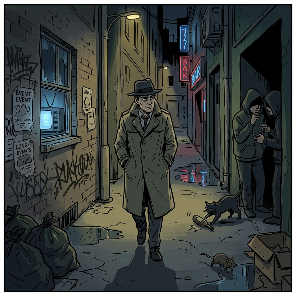 The detective walks through the seamy back alley where crime thrives after midnight.