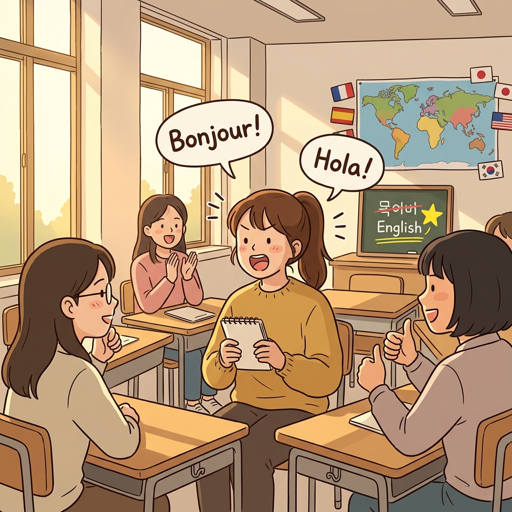 그녀는 매일 오후 친구들과 제2외국어를 연습한다.
