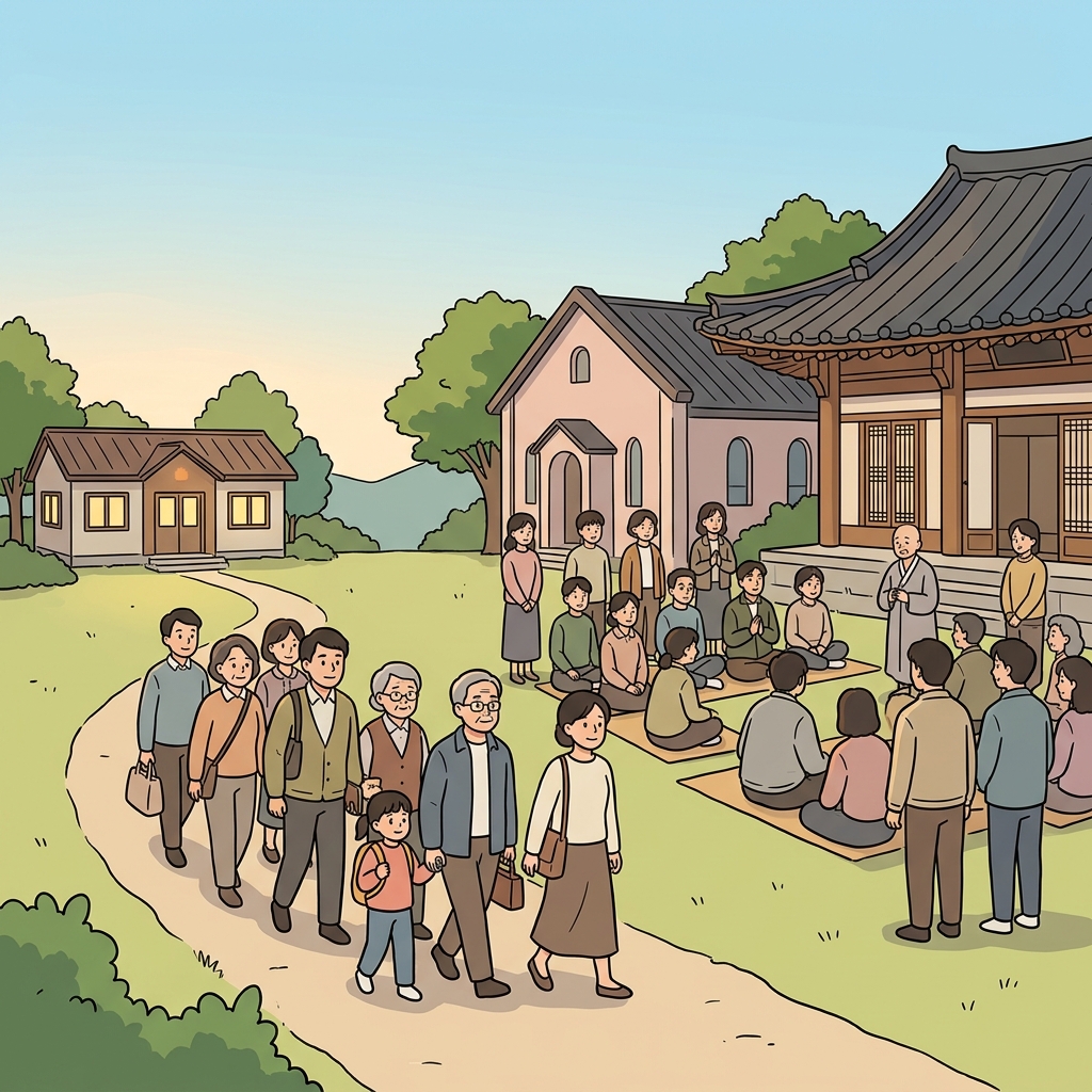 작은 종파는 기존 종교에서 갈라져 자신들만의 공동체를 만들었다. ("색 달라!" → 같은 종교였지만 색깔(방향)이 달라져 갈라져 나온 집단이다)