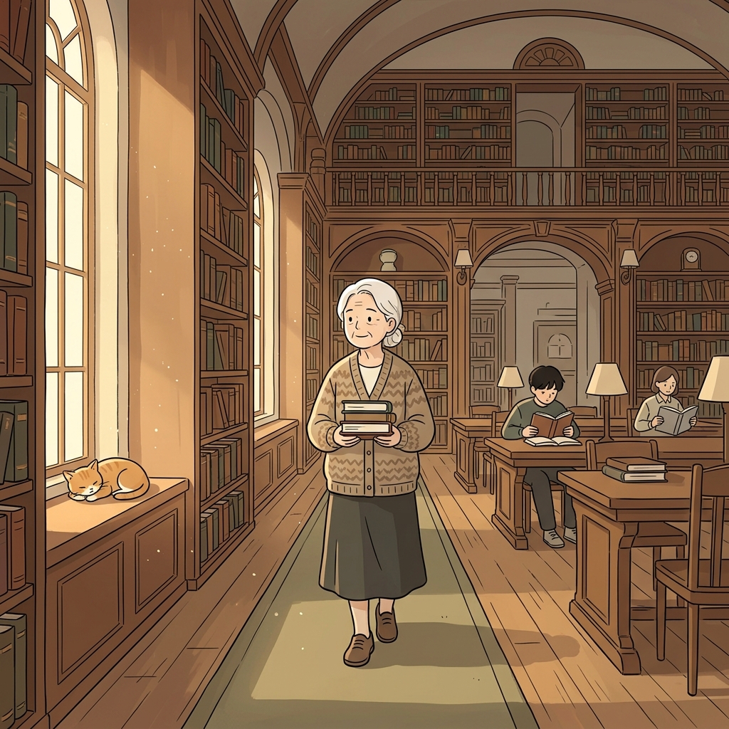 The librarian moves with a sedate calm as readers quietly turn pages.