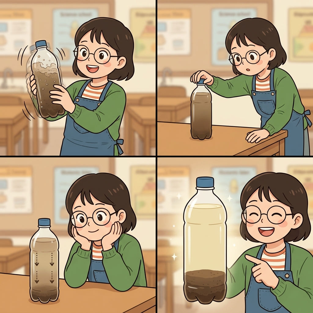 아이들은 "샌드, 먼지!"라고 외치며 모래와 먼지가 병 바닥으로 천천히 가라앉는 모습을 바라봤다.