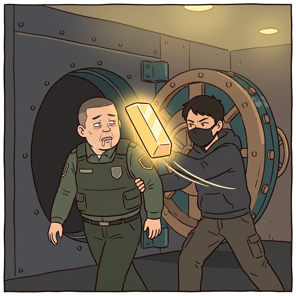 The master thief aggressively swung the massive, glowing gold bar like a pendulum, completely seducing the drooling guard away from the vault.