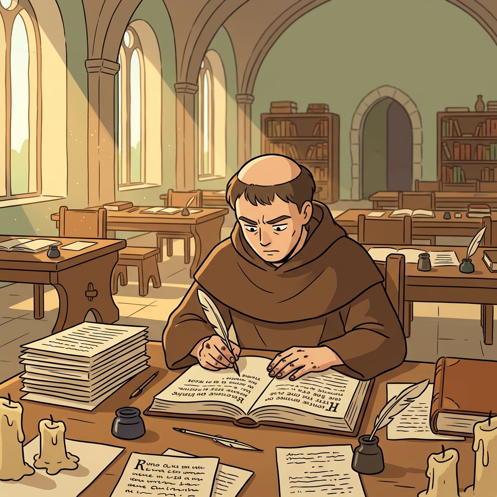 The sedulous monk copies every letter of the manuscript with unwavering focus.