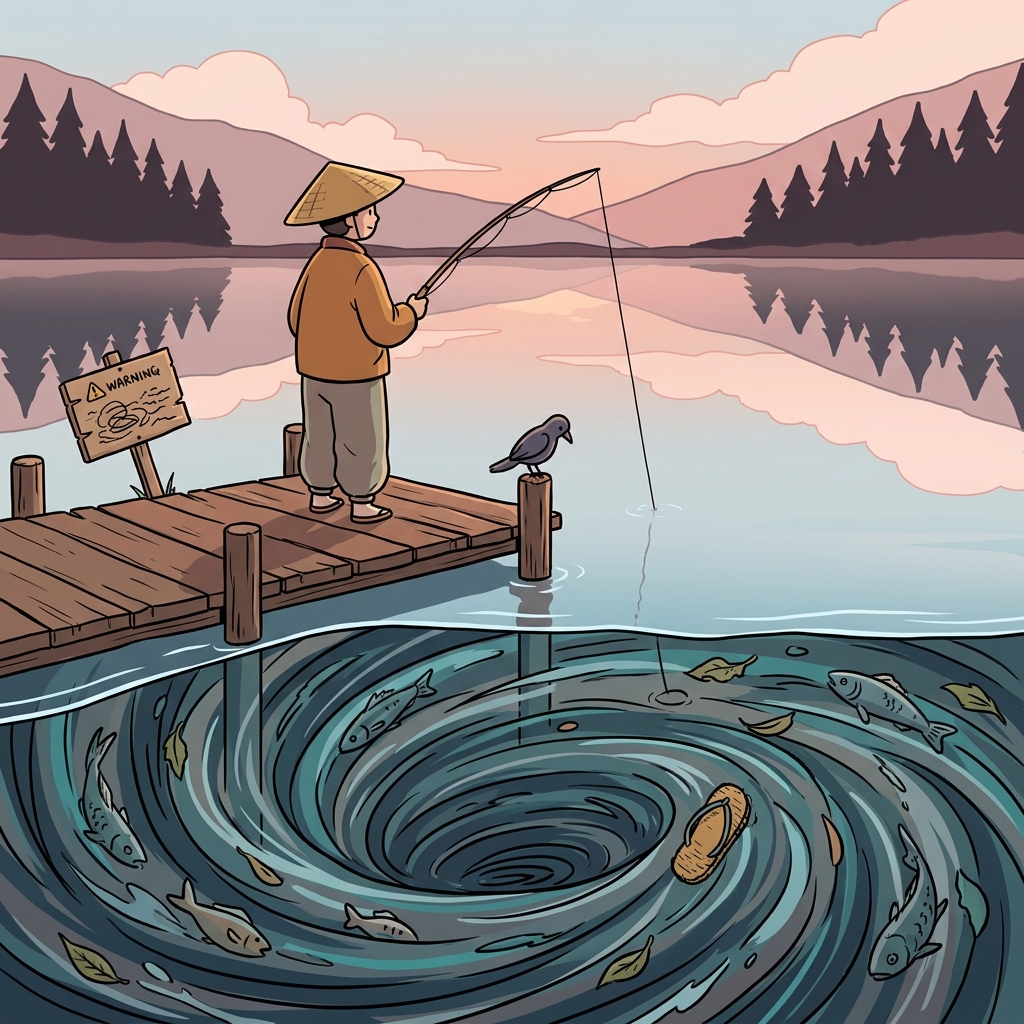 The seemingly calm lake actually hides a strong current beneath.