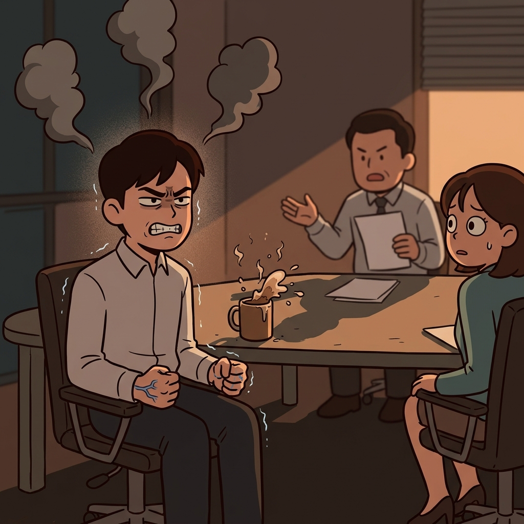 He tried to seethe quietly, but his fists were shaking under the table.