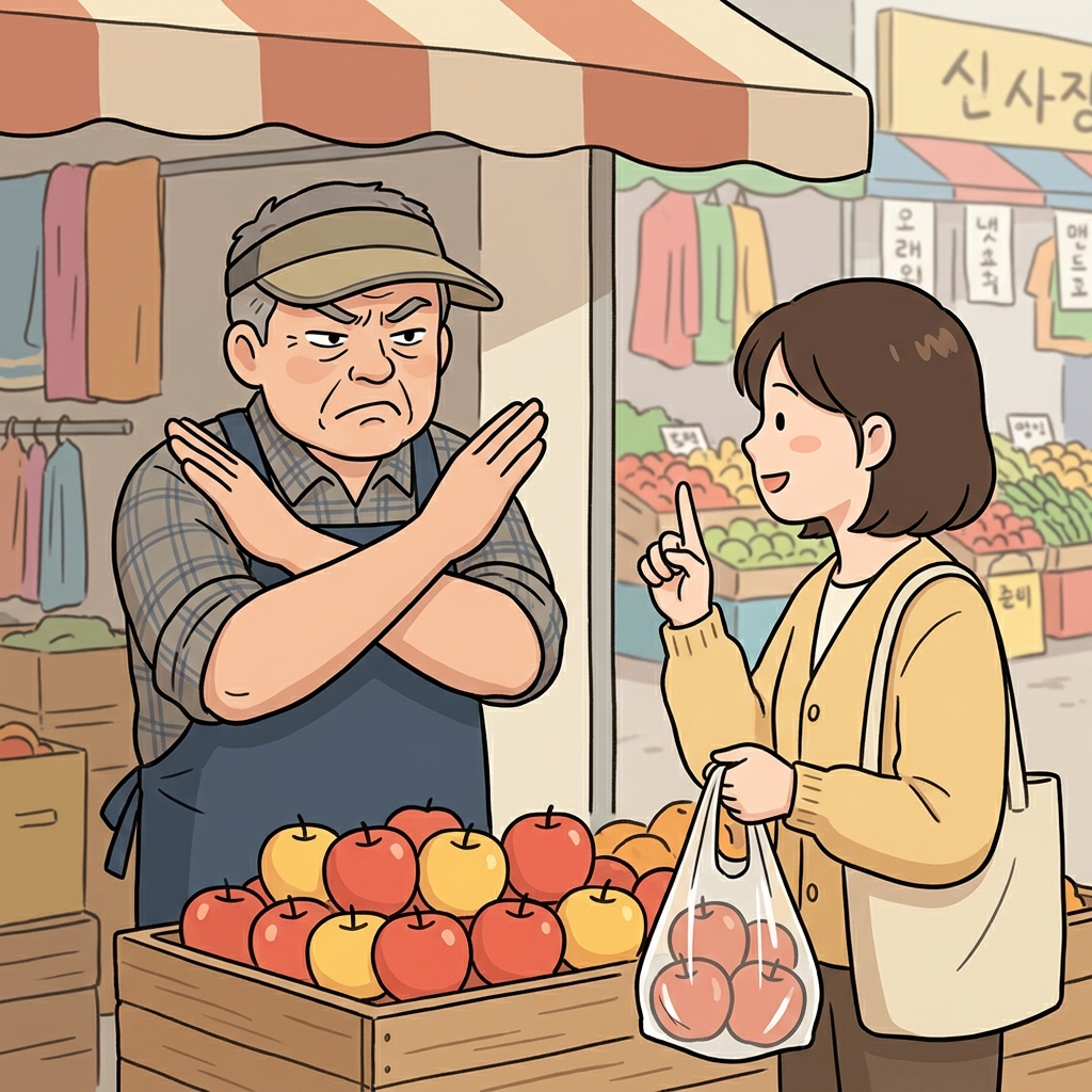 그 구두쇠 시장 상인은 고객들에게 세일이나 덤을 좀처럼 주지 않았다. (평소 손님들에게 세일(sel)을 해주거나 과일 하나라도 덤(dom)으로 얹어주는 일이 좀처럼 없는(seldom) 지독한 구두쇠 상인의 과장된 거절 상황)