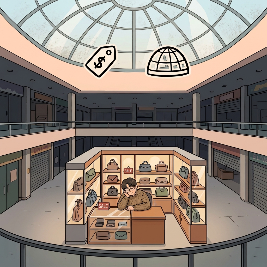 SELL(팔다) + DOME(유리 돔) — 버려진 유리 돔 아래 갇힌 상인들은 물건을 좀처럼 팔지 못한다.