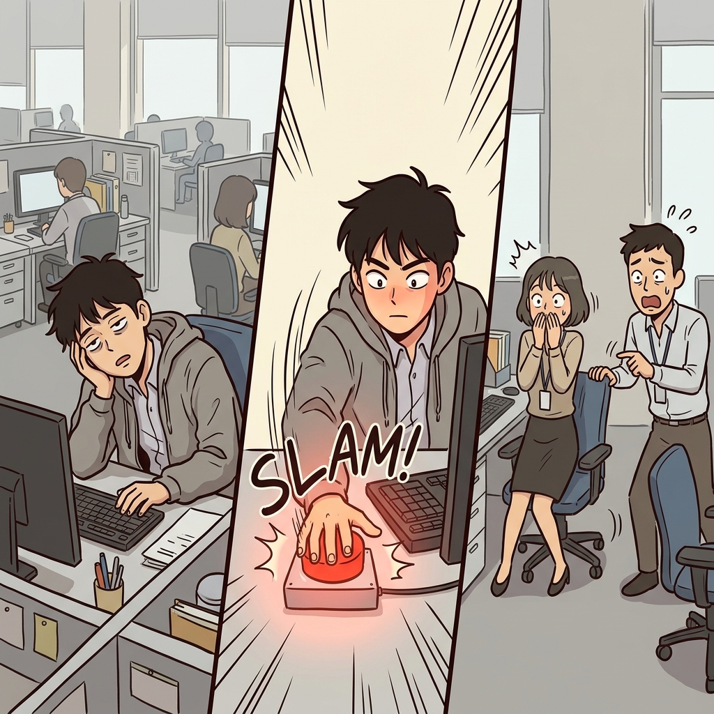 사무실의 지루함(boredom)에서 벗어나기 위해, 그는 무작위(random) 빨간 버튼을 쾅 눌렀는데, 이는 그가 좀처럼 하지 않는(seldom) 무모한 돌발 행동이었다.