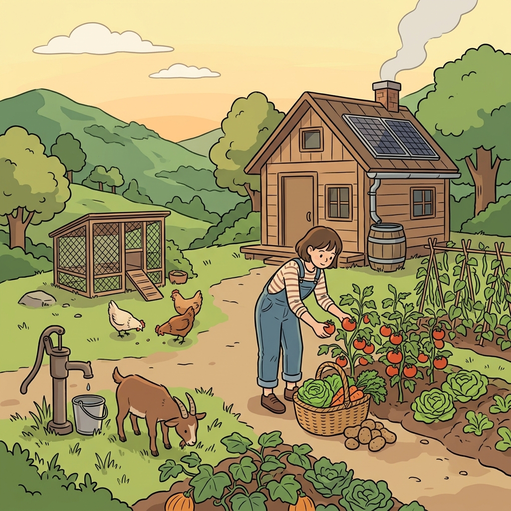 산속 오두막에서 직접 채소를 키우며 자급자족하며 산다.