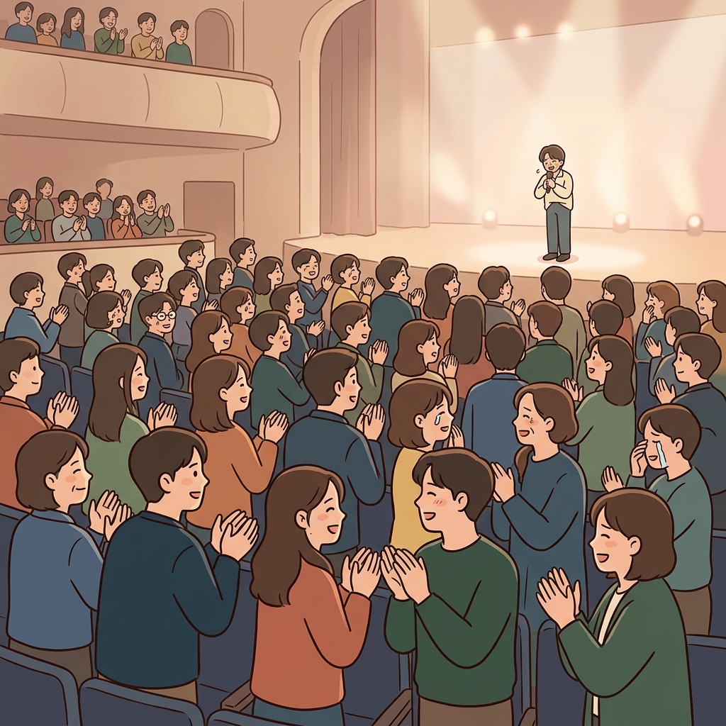 관객들의 따뜻한 감정은 공연장을 박수로 가득 채웠다. ("센티 멘트" → 감동적인 멘트를 듣고 모두 같은 감정을 느낀다)
