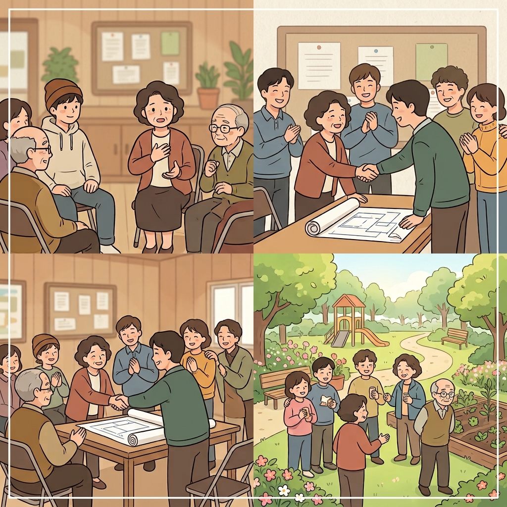 같은 마음은 합의로 이어졌고, 마을 사람들은 함께 축하했다.
