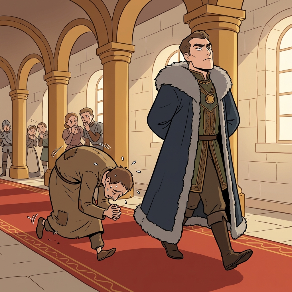 The servile attendant bows endlessly before the arrogant duke.