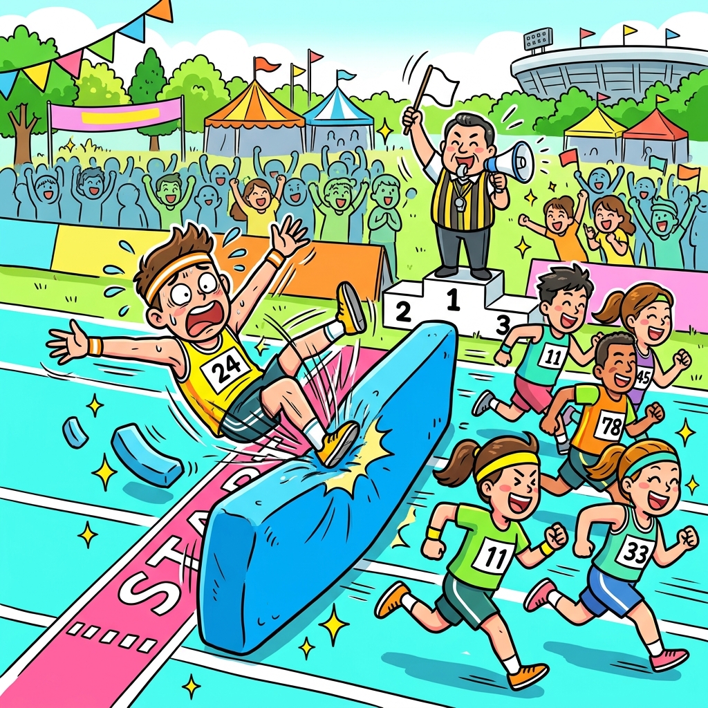 달리던 선수는 큰 장애물에 부딪혀 뒤로 물러났다. ("셋! 백!" → '셋!' 하고 출발했는데 '백!' 뒤로 물러남)