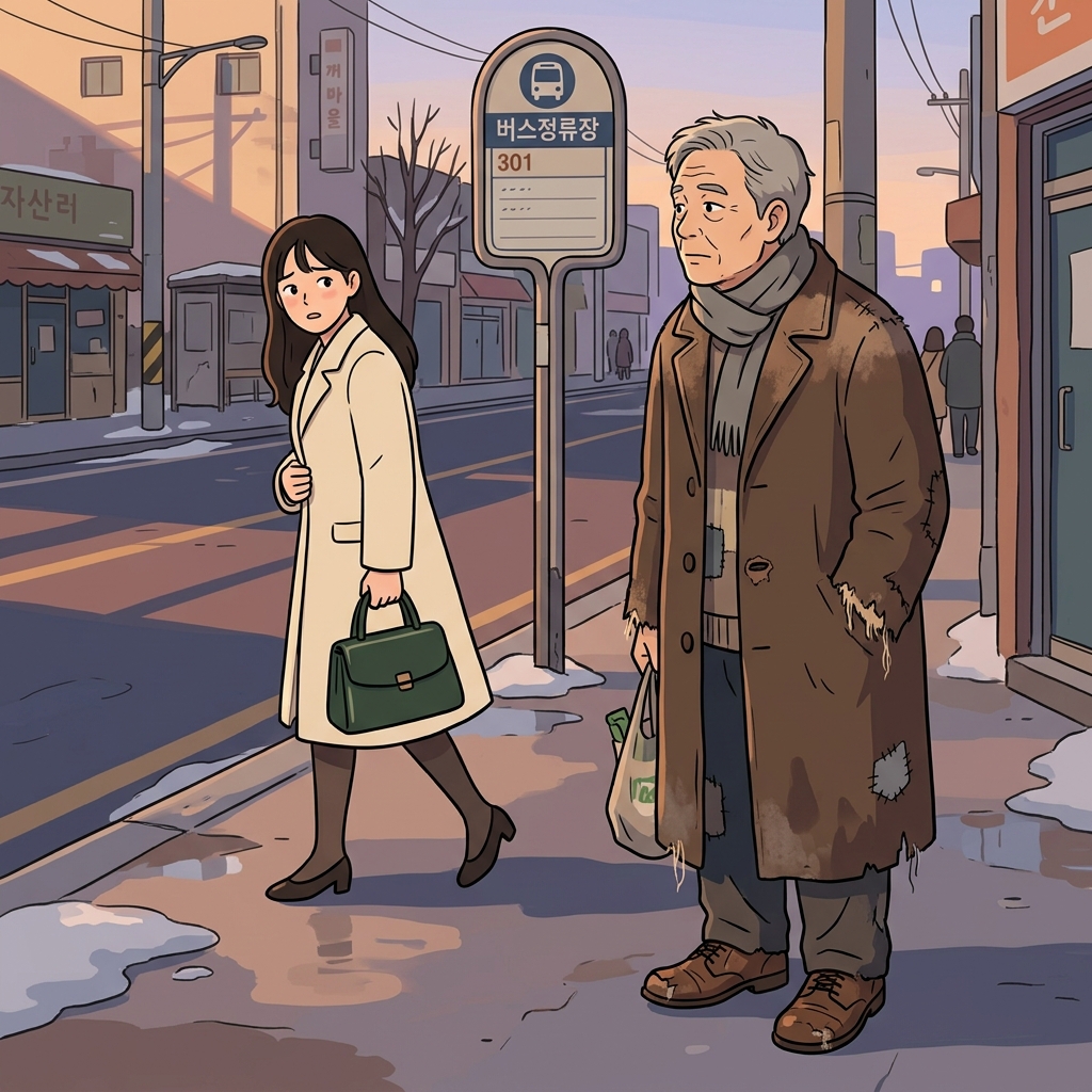 His shabby coat had frayed cuffs and missing buttons after years of use.