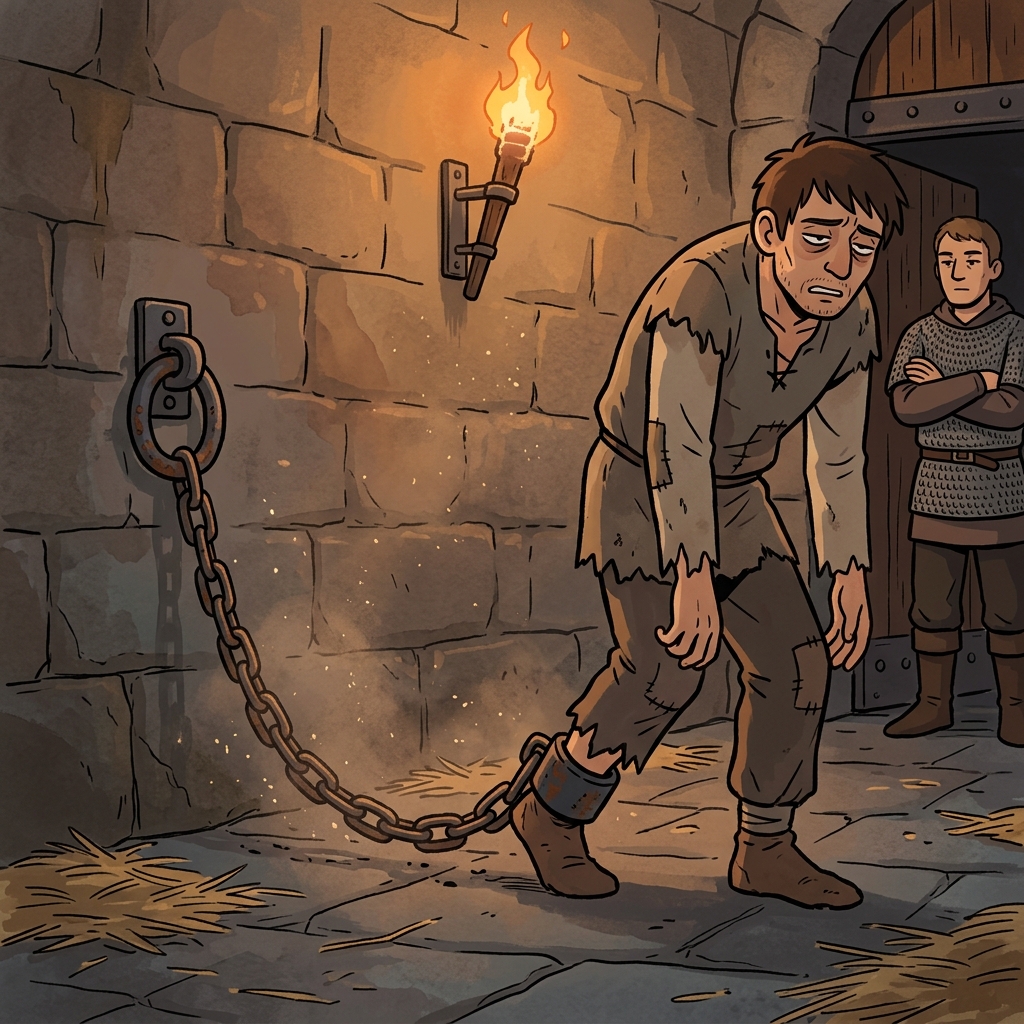 The prisoner's shackle clanks heavily as he shuffles across the stone floor.