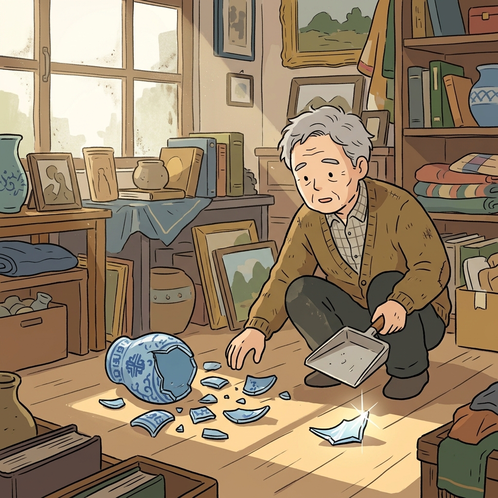 A single shard of the shattered vase glints on the wooden floor.