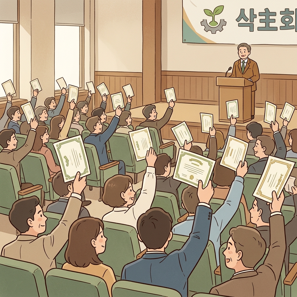 주주들은 주주총회에서 주식 증서를 들어 올리며 투표했다.
