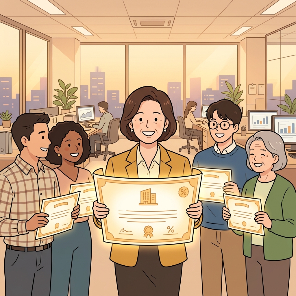 사람들은 주식을 나눠 가진 뒤 모두 자랑스러운 주주가 되었다. ("쉐어 홀더" → "주식(share)을 들고(holder) 있는 사람")