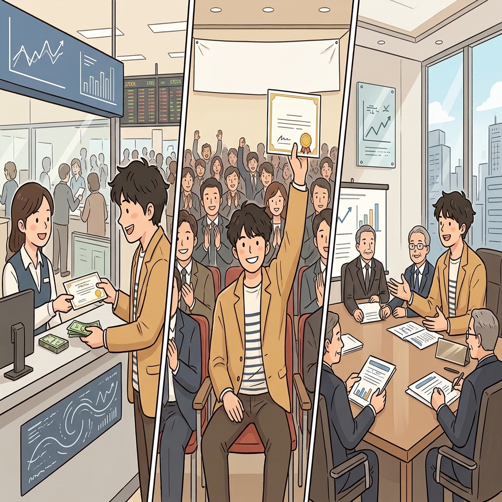 주식 한 주를 산 뒤 그는 주주가 되었고, 곧 회사의 중요한 이해관계자가 되었다.