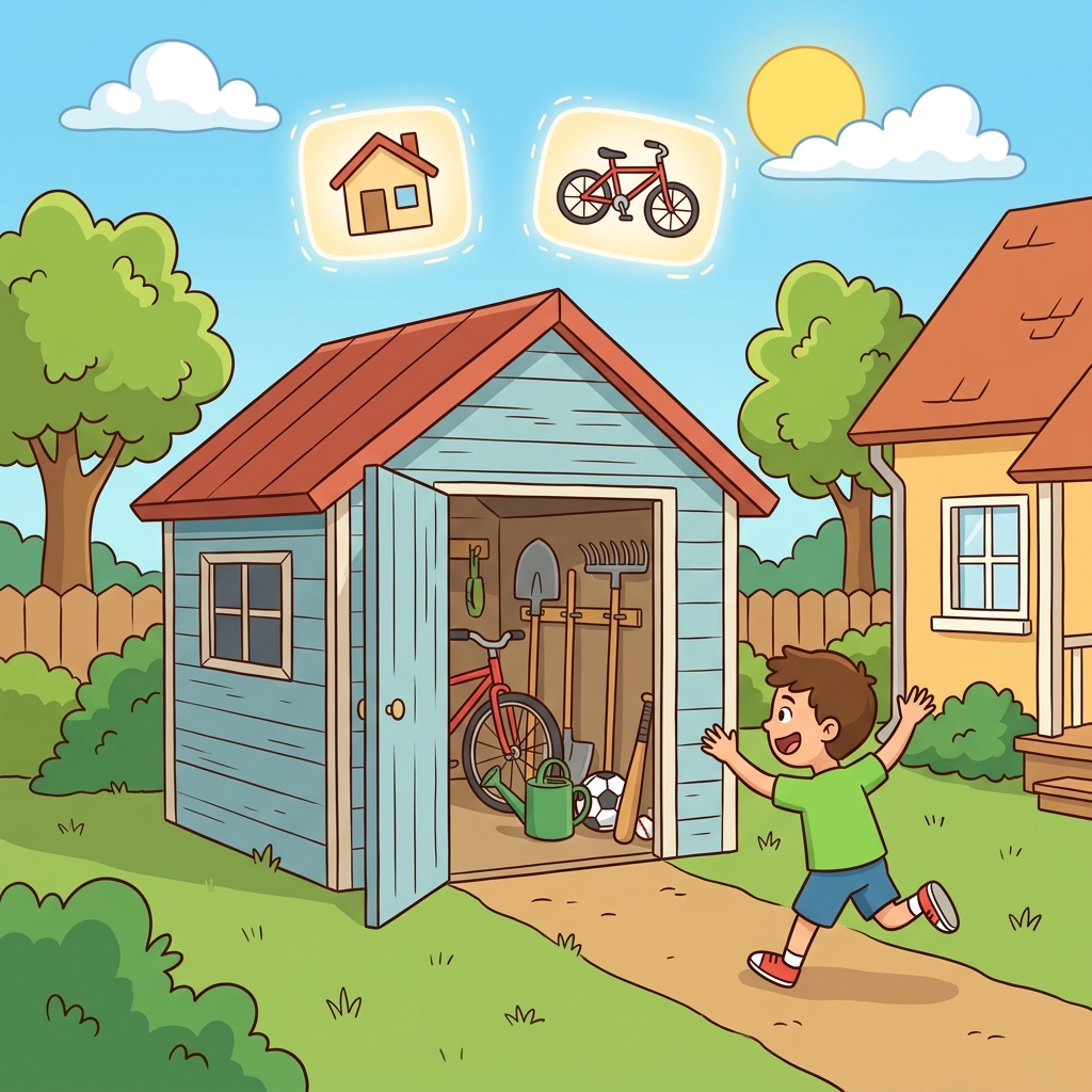 The boy ran to the shed to get his bicycle. (SHED = STUFF HIDES EVERY DAY → all your stuff hides in a shed.)
