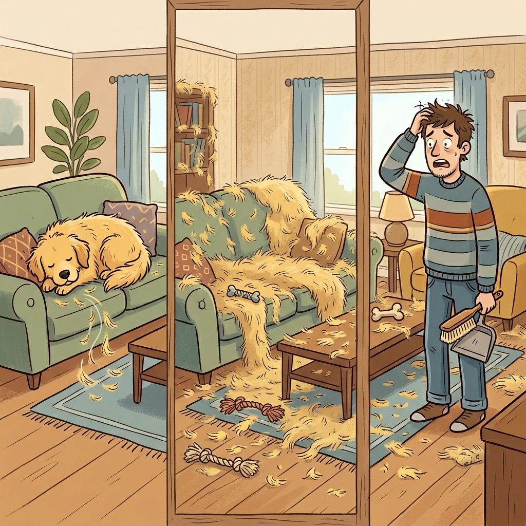 The dog shed its fur, the fur spread everywhere, and the owner scratched his head.