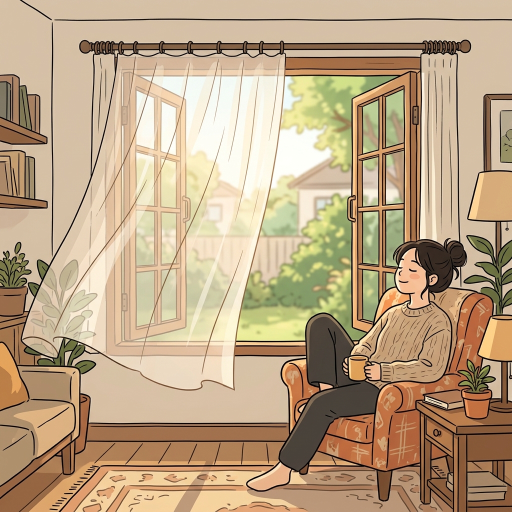 창가의 아주 얇은 커튼 사이로 따뜻한 햇살이 비쳐 들어왔다. ("쉬어~" → 쉬어 갈 때 창가의 얇은 쉬어 커튼이 바람에 살랑거린다)