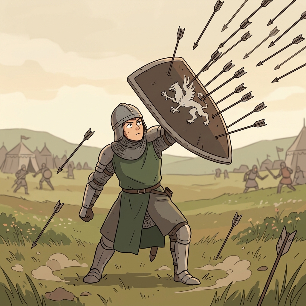 The knight raised his shield to protect himself from the arrows.