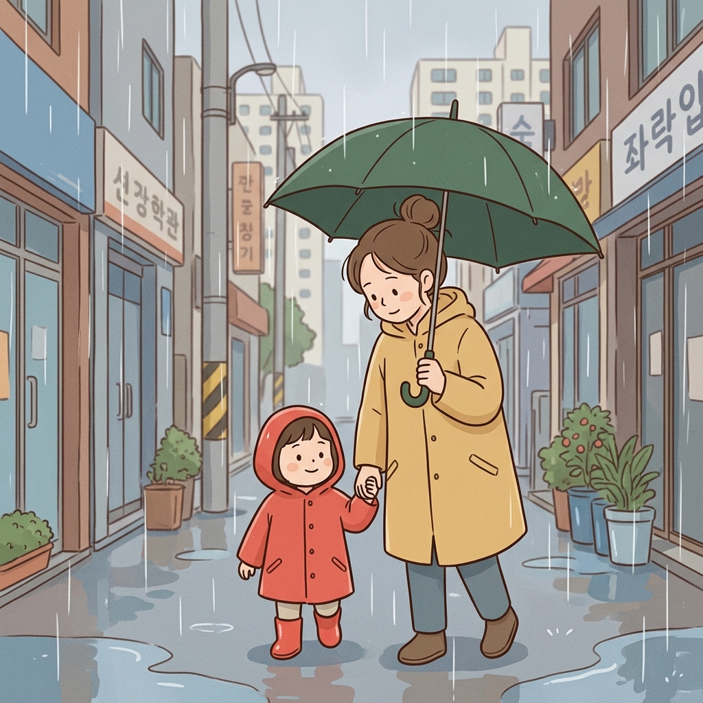 어머니는 비를 막아 주기 위해 아이에게 우산을 씌워 주었다. (그녀(She)가 우산을 Held해 아이를 비로부터 보호한다.)