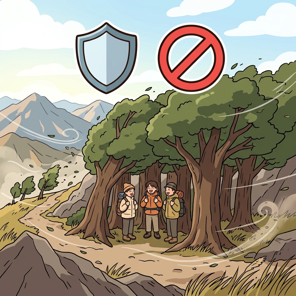 Trees shielded the hikers from the strong wind. (🛡️ Protect + 🚫 Danger → Shield)