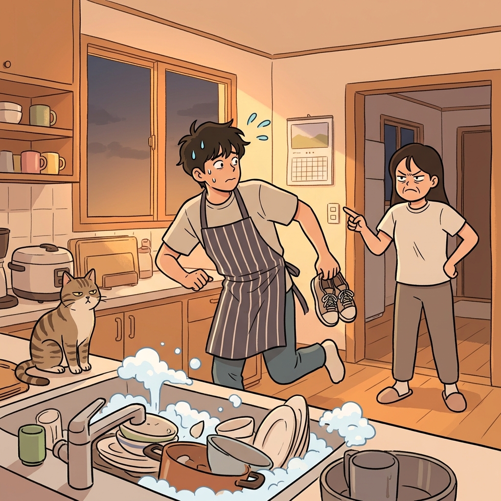 He tries to shirk his dishwashing duty by sneaking out the back door.