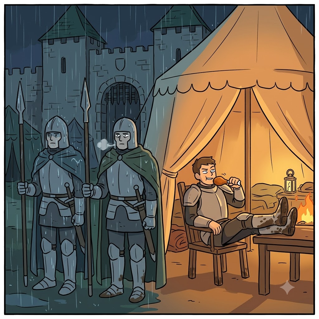 Giving a lazy smirk, the arrogant knight decided to shirk his night guard duty.